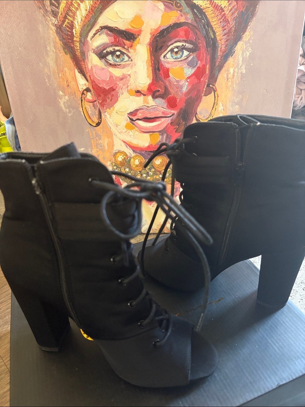 Black Lace-Up Peep-Toe High Heel Booties